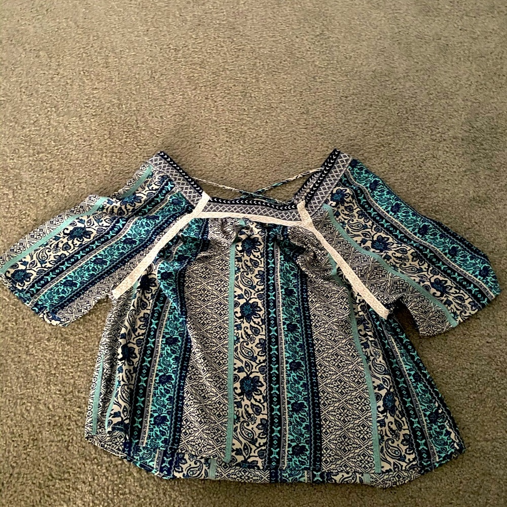 Blue and black off-shoulder blouse